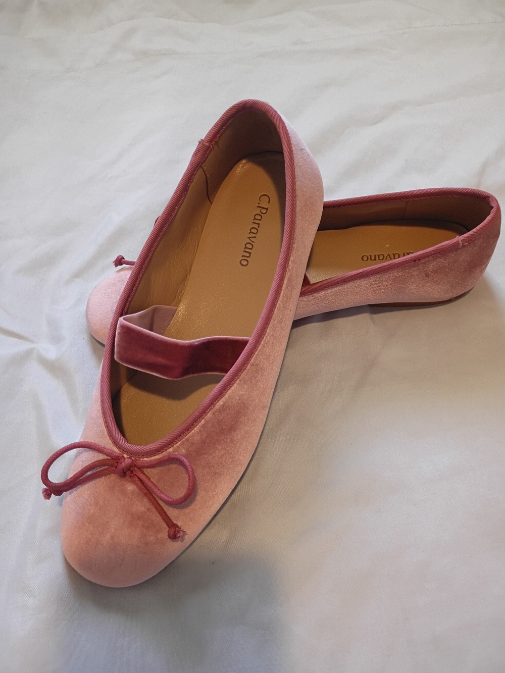 C. Paravano Pink Velvet Ballet Flats with Bow Strap